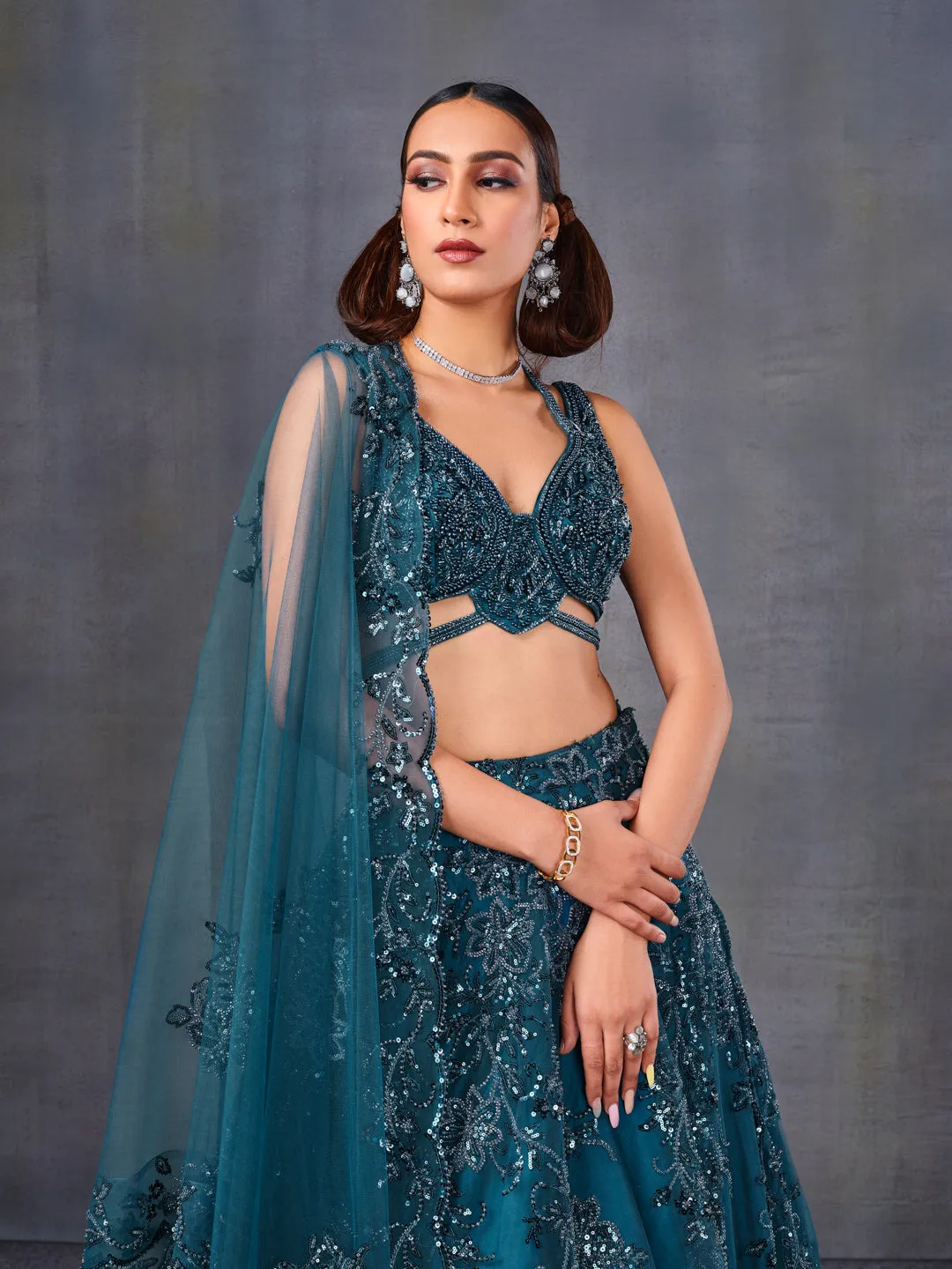 Teal Blue Sequined Net Lehenga