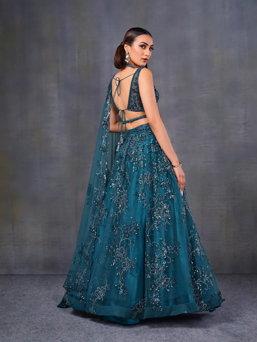Teal Blue Sequined Net Lehenga