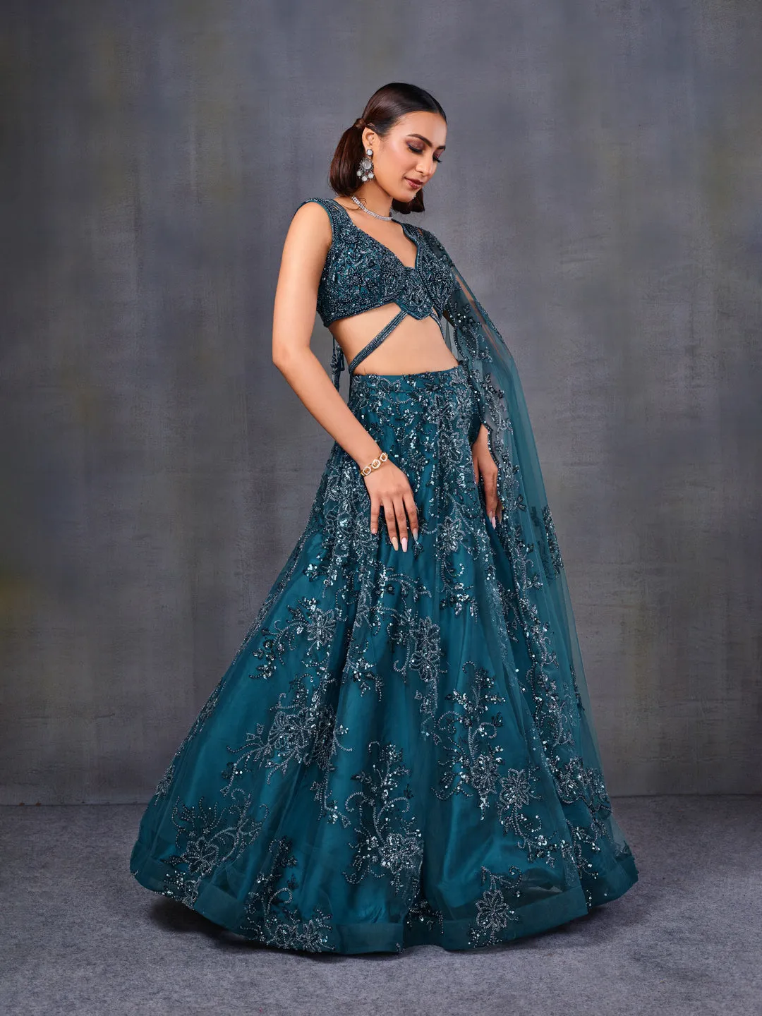 Teal Blue Sequined Net Lehenga