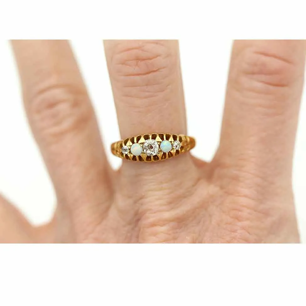 Timeless Victorian Old Mine Cut Diamond & Opal Wedding Ring