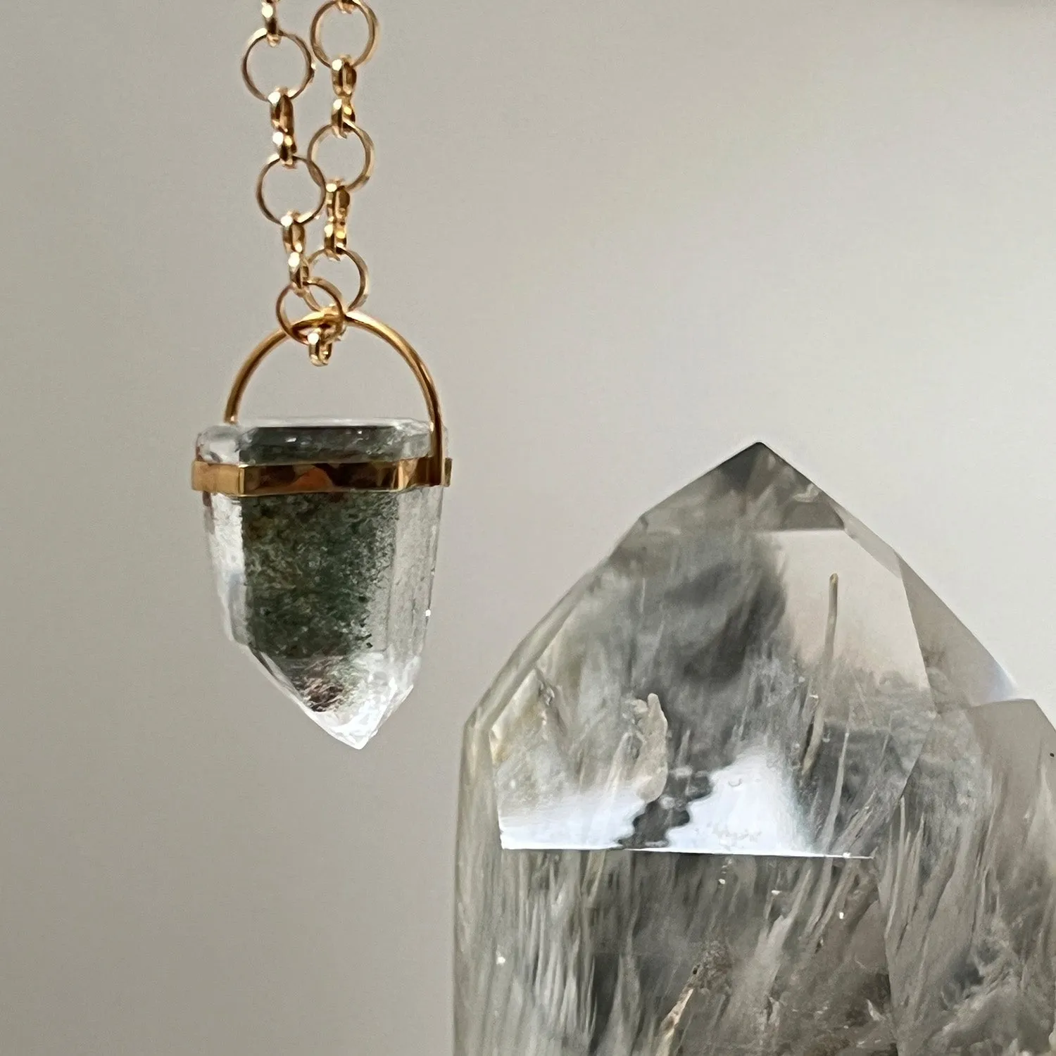 Unique Chunky Chlorite Point Pendant On Long Little Circle Chain