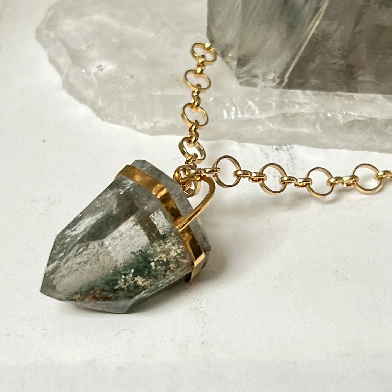 Unique Chunky Chlorite Point Pendant On Long Little Circle Chain