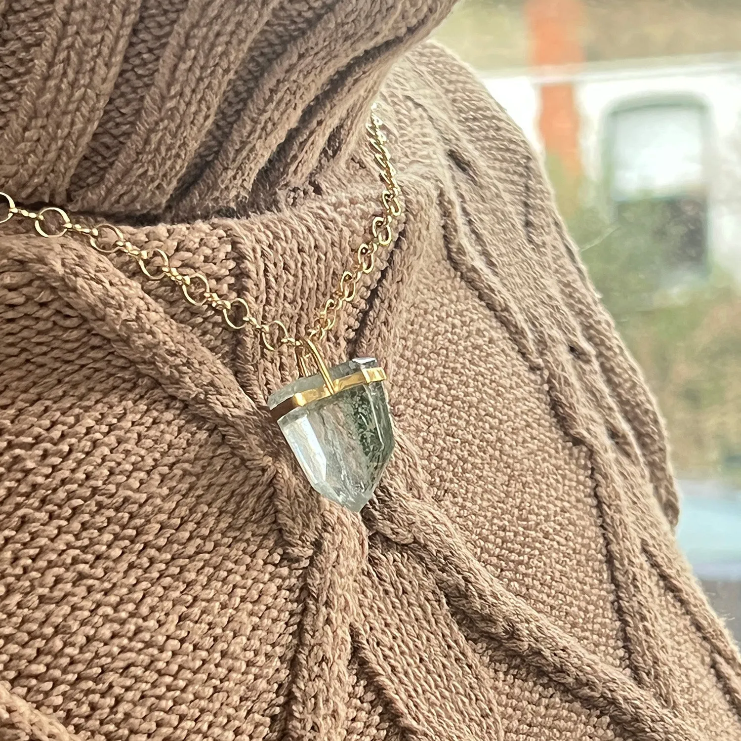 Unique Chunky Chlorite Point Pendant On Long Little Circle Chain