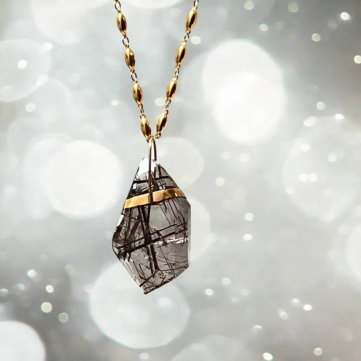 Unique Large Geometric Black Rutilated Quartz On Long Pepin Chain