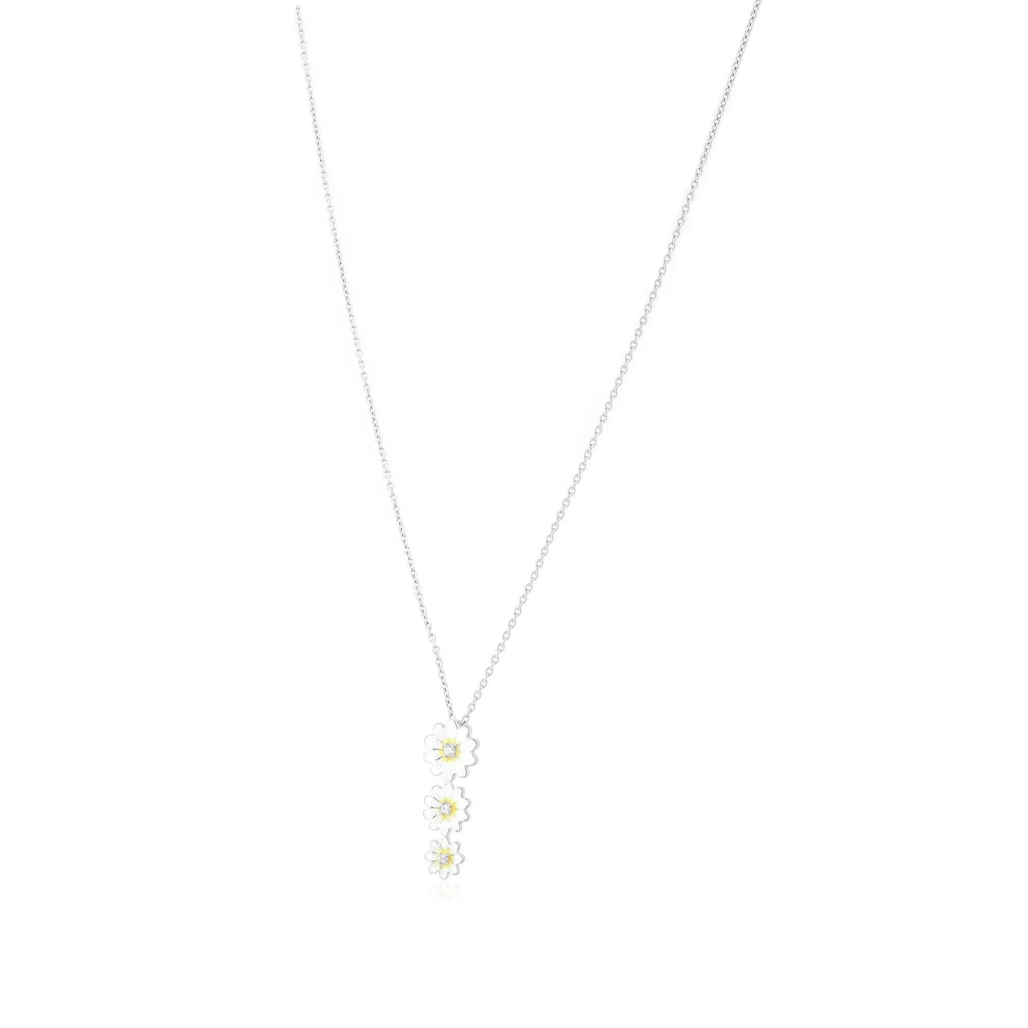 White Daisy Cascade Rhodium Plated Chain Pendants