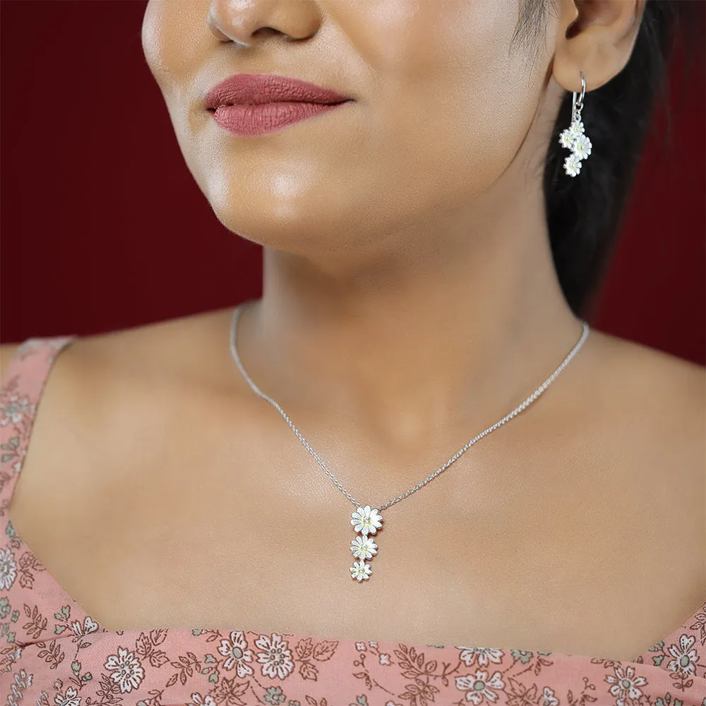 White Daisy Cascade Rhodium Plated Chain Pendants